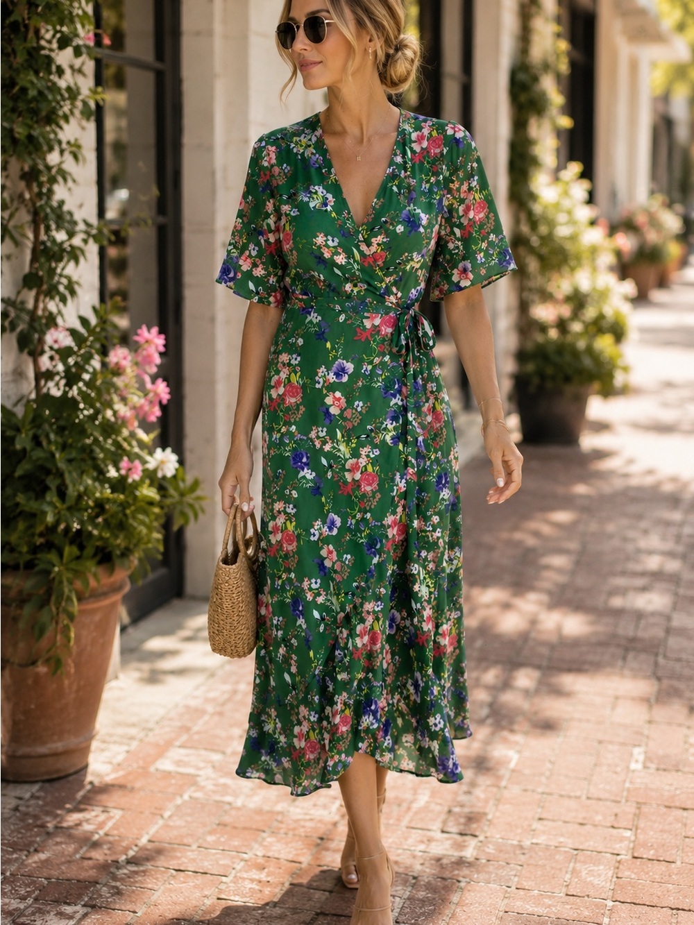 Bobeau Green Floral Wrap Midi Dress | Size Large | Romantic Boho